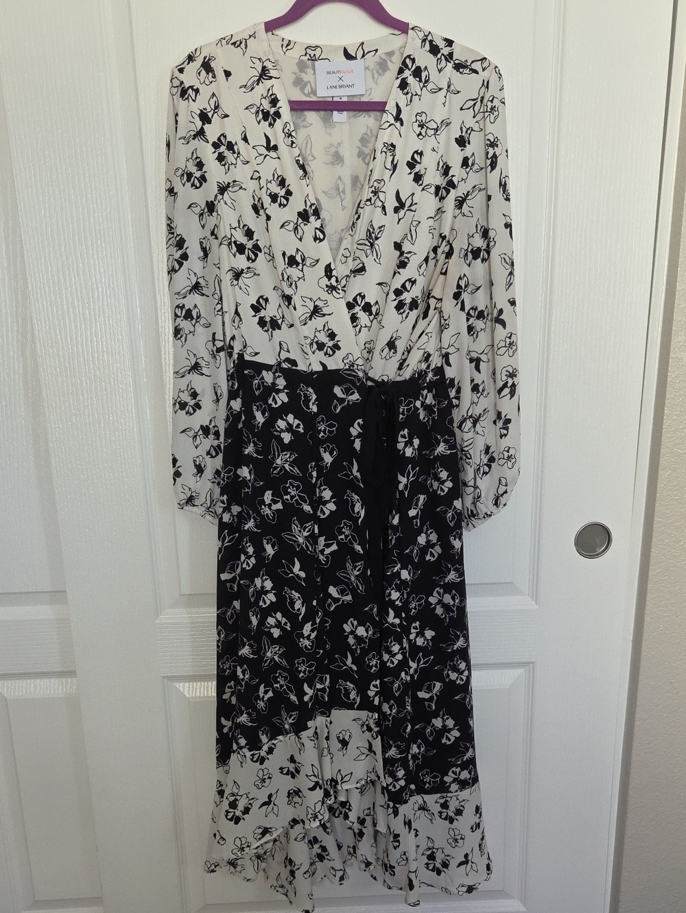 Black and White Floral High Low Wrap Dress with Tie Waist